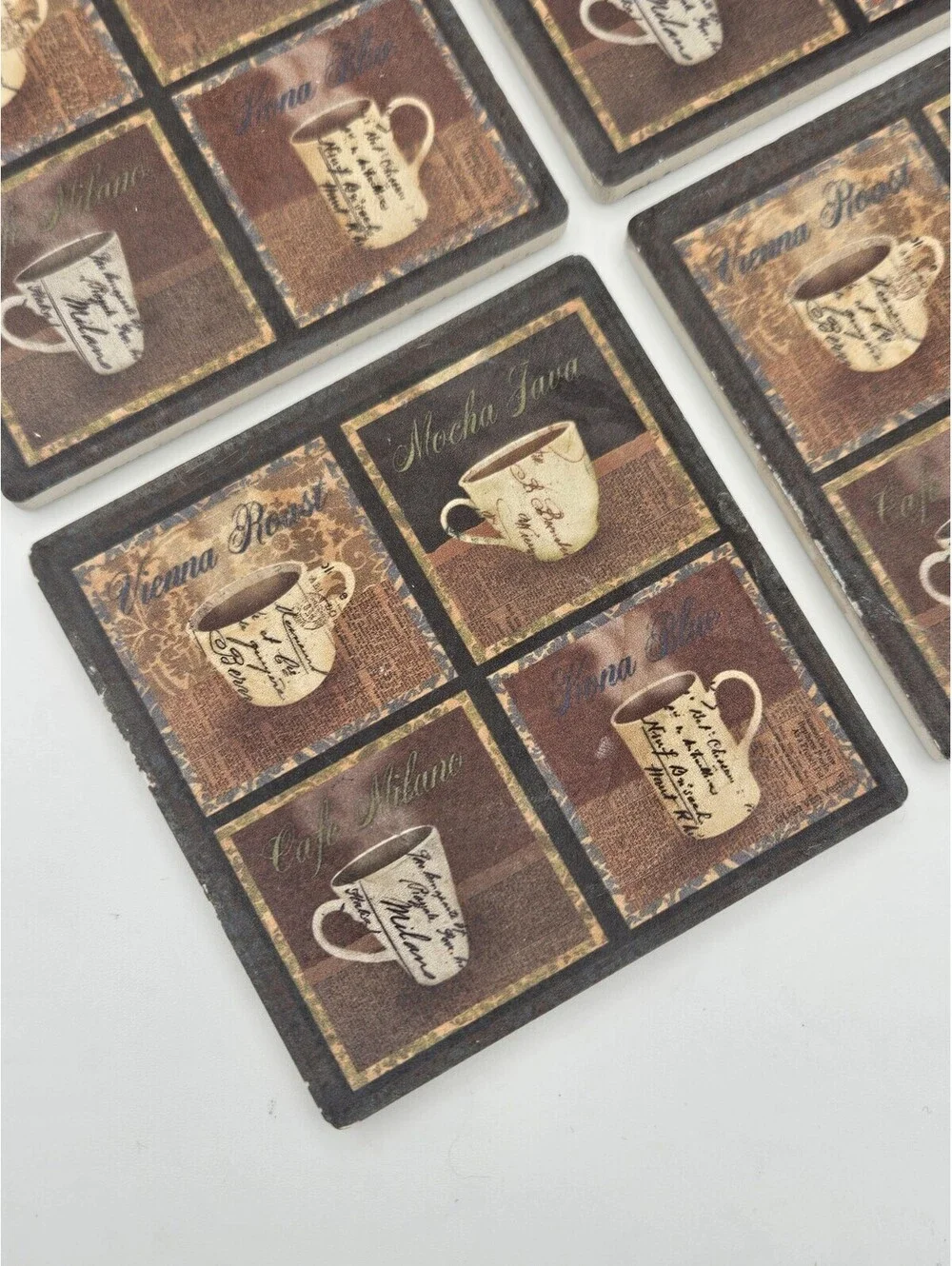 Set of 6 Square Ceramic & Cork Non-Slip Coasters, Coffee & Tea Pattern